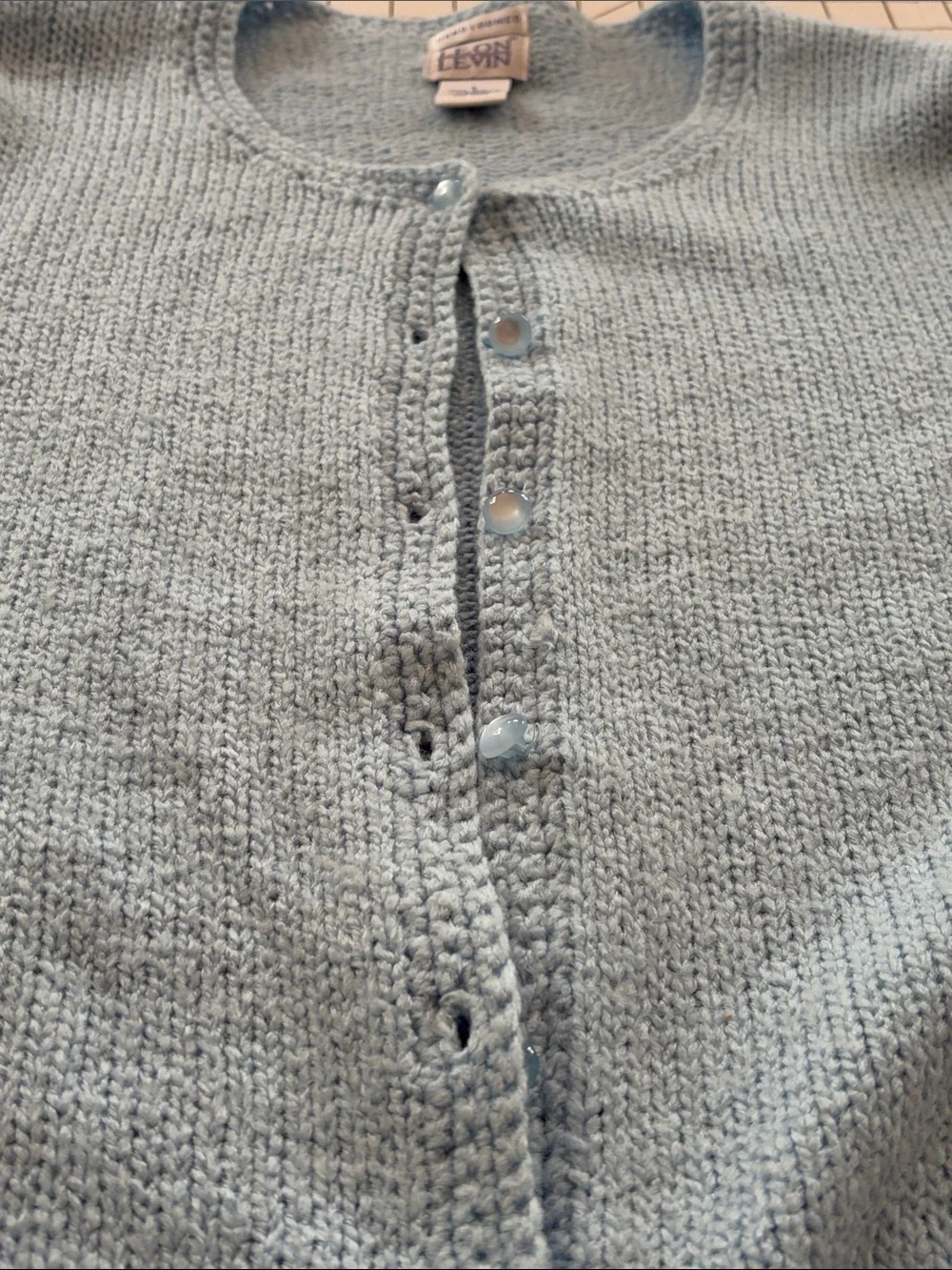 Vintage 90s Leon Levin Hand Loomed Round Neck Light Blue Cardigan - Size L